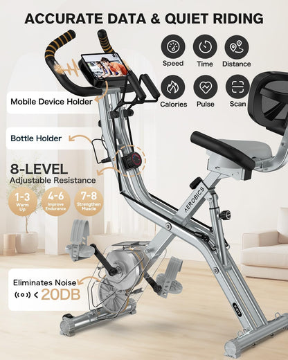 Folding Exercise Bike, Foldable Upright Stationary Bike, Indoor Cycling Magnetic X-Bike with 8-Level Adjustable Resistance, 6.6 LBS Flywheel, 300LB Capacity, Back Support Cushion for Home Gym