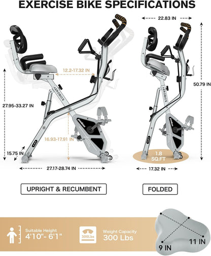 Folding Exercise Bike, Foldable Upright Stationary Bike, Indoor Cycling Magnetic X-Bike with 8-Level Adjustable Resistance, 6.6 LBS Flywheel, 300LB Capacity, Back Support Cushion for Home Gym