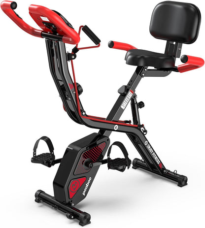 Folding Exercise Bike, Foldable Upright Stationary Bike, Indoor Cycling Magnetic X-Bike with 8-Level Adjustable Resistance, 6.6 LBS Flywheel, 300LB Capacity, Back Support Cushion for Home Gym