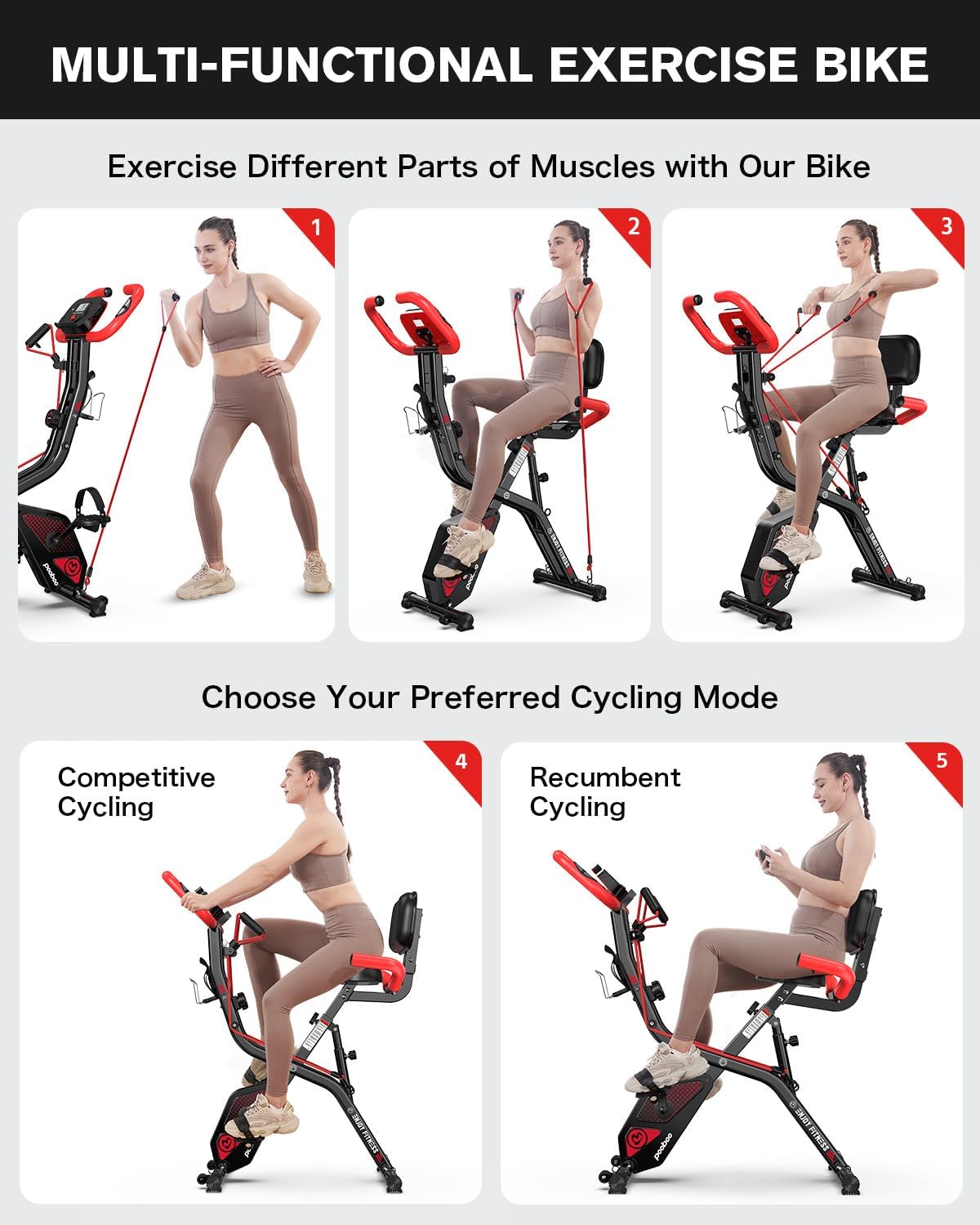 Folding Exercise Bike, Foldable Upright Stationary Bike, Indoor Cycling Magnetic X-Bike with 8-Level Adjustable Resistance, 6.6 LBS Flywheel, 300LB Capacity, Back Support Cushion for Home Gym