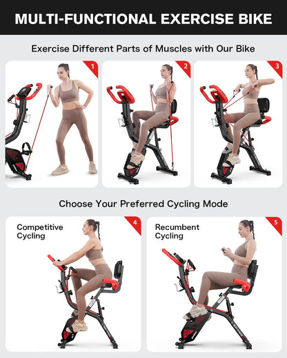 Folding Exercise Bike, Foldable Upright Stationary Bike, Indoor Cycling Magnetic X-Bike with 8-Level Adjustable Resistance, 6.6 LBS Flywheel, 300LB Capacity, Back Support Cushion for Home Gym