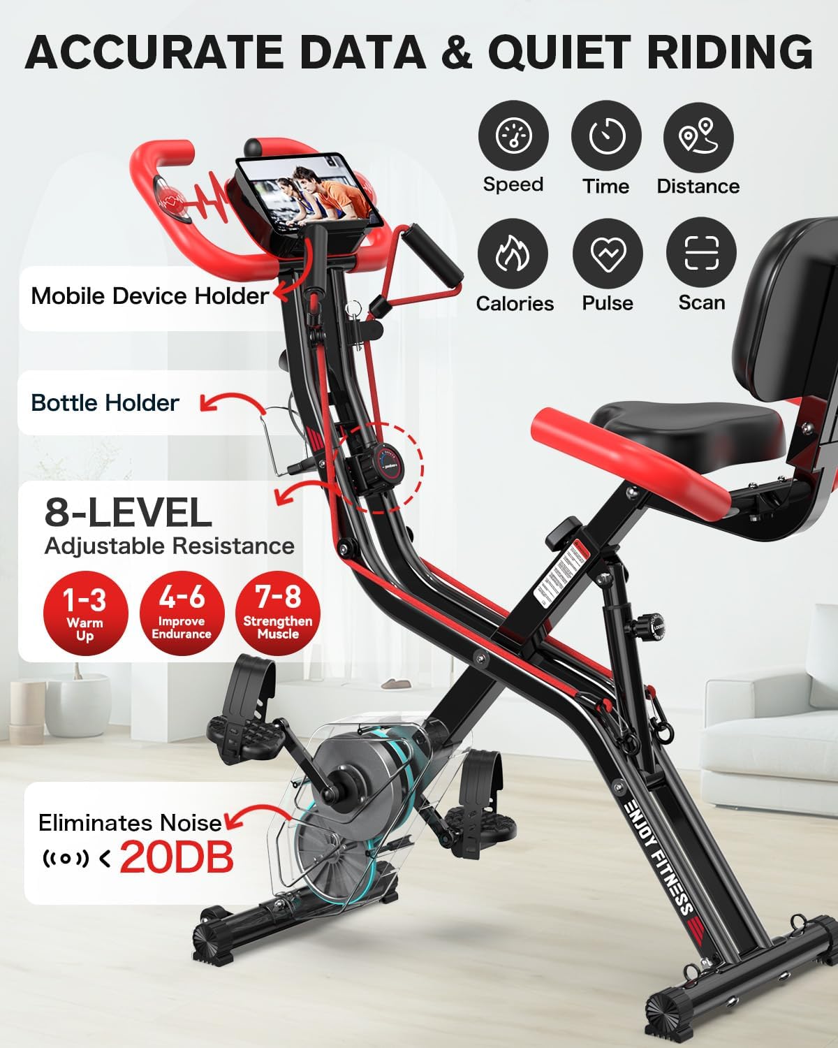 Folding Exercise Bike, Foldable Upright Stationary Bike, Indoor Cycling Magnetic X-Bike with 8-Level Adjustable Resistance, 6.6 LBS Flywheel, 300LB Capacity, Back Support Cushion for Home Gym