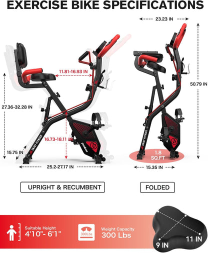 Folding Exercise Bike, Foldable Upright Stationary Bike, Indoor Cycling Magnetic X-Bike with 8-Level Adjustable Resistance, 6.6 LBS Flywheel, 300LB Capacity, Back Support Cushion for Home Gym
