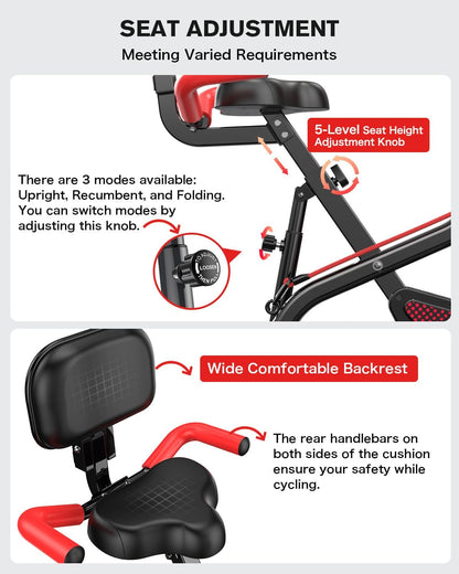 Folding Exercise Bike, Foldable Upright Stationary Bike, Indoor Cycling Magnetic X-Bike with 8-Level Adjustable Resistance, 6.6 LBS Flywheel, 300LB Capacity, Back Support Cushion for Home Gym