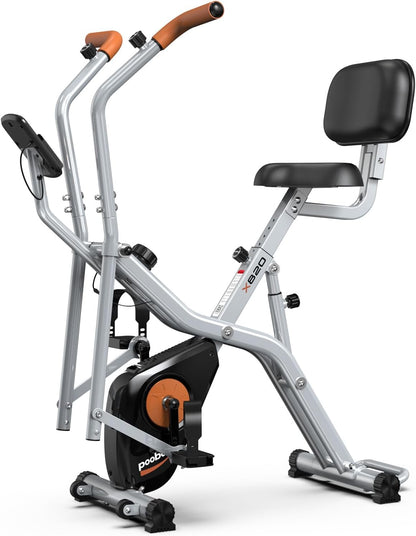 Folding Exercise Bike, Foldable Upright Stationary Bike, Indoor Cycling Magnetic X-Bike with 8-Level Adjustable Resistance, 6.6 LBS Flywheel, 300LB Capacity, Back Support Cushion for Home Gym
