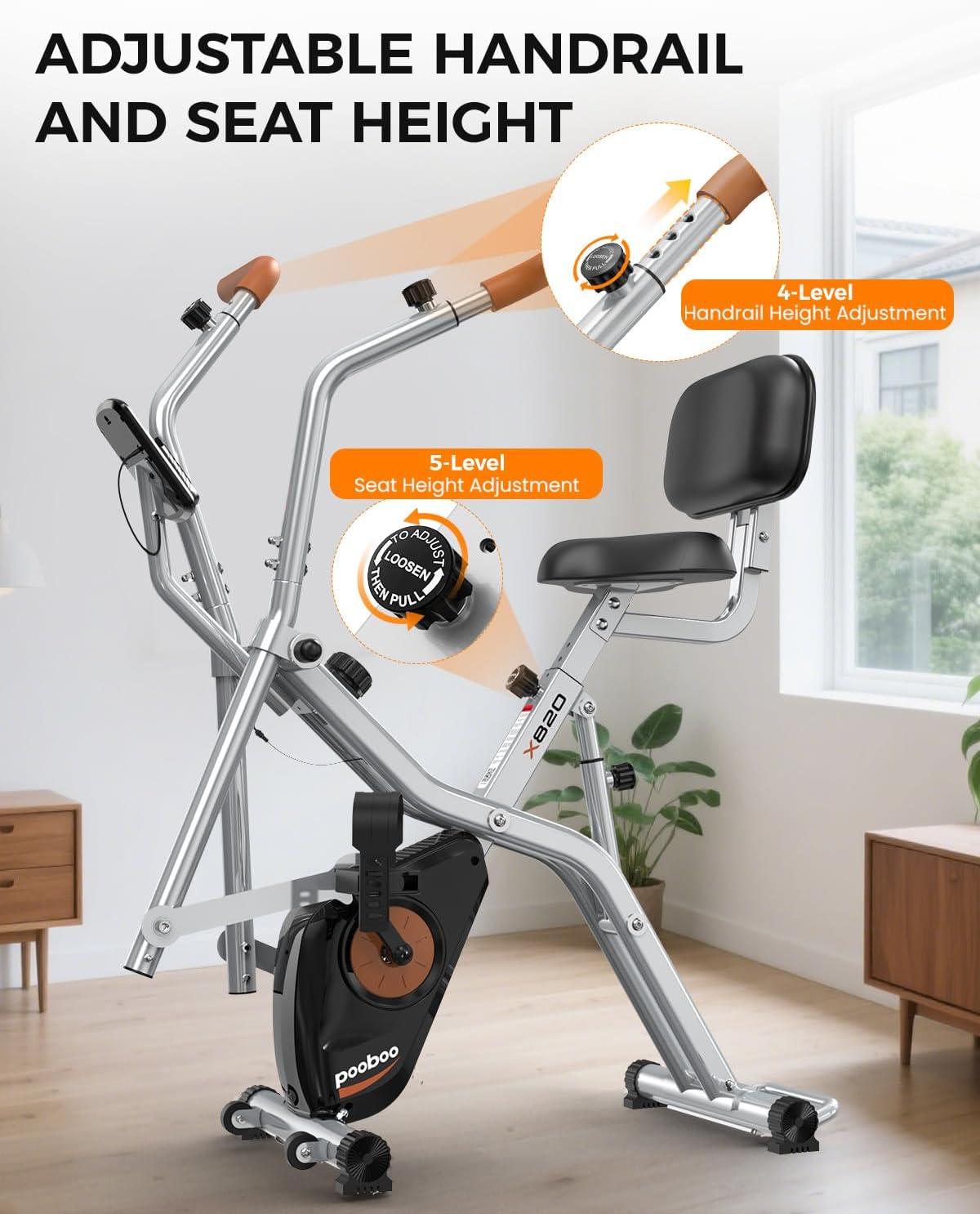 Folding Exercise Bike, Foldable Upright Stationary Bike, Indoor Cycling Magnetic X-Bike with 8-Level Adjustable Resistance, 6.6 LBS Flywheel, 300LB Capacity, Back Support Cushion for Home Gym