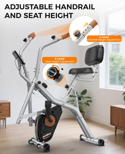 Folding Exercise Bike, Foldable Upright Stationary Bike, Indoor Cycling Magnetic X-Bike with 8-Level Adjustable Resistance, 6.6 LBS Flywheel, 300LB Capacity, Back Support Cushion for Home Gym