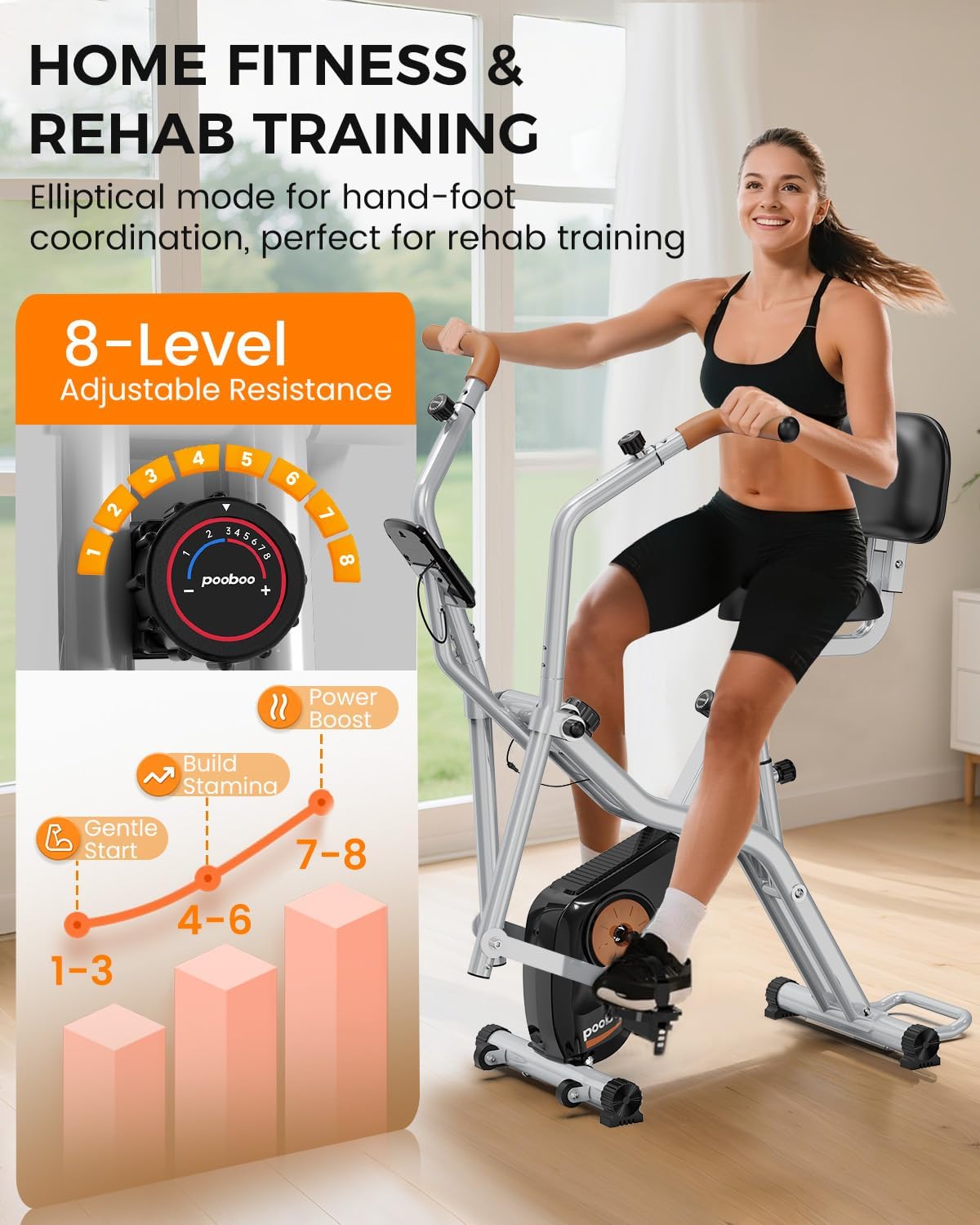 Folding Exercise Bike, Foldable Upright Stationary Bike, Indoor Cycling Magnetic X-Bike with 8-Level Adjustable Resistance, 6.6 LBS Flywheel, 300LB Capacity, Back Support Cushion for Home Gym