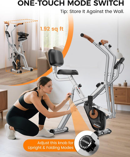 Folding Exercise Bike, Foldable Upright Stationary Bike, Indoor Cycling Magnetic X-Bike with 8-Level Adjustable Resistance, 6.6 LBS Flywheel, 300LB Capacity, Back Support Cushion for Home Gym