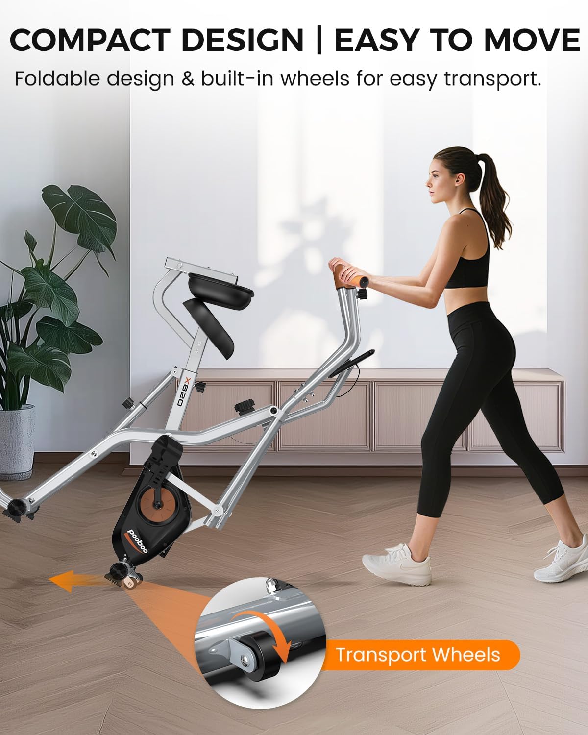 Folding Exercise Bike, Foldable Upright Stationary Bike, Indoor Cycling Magnetic X-Bike with 8-Level Adjustable Resistance, 6.6 LBS Flywheel, 300LB Capacity, Back Support Cushion for Home Gym