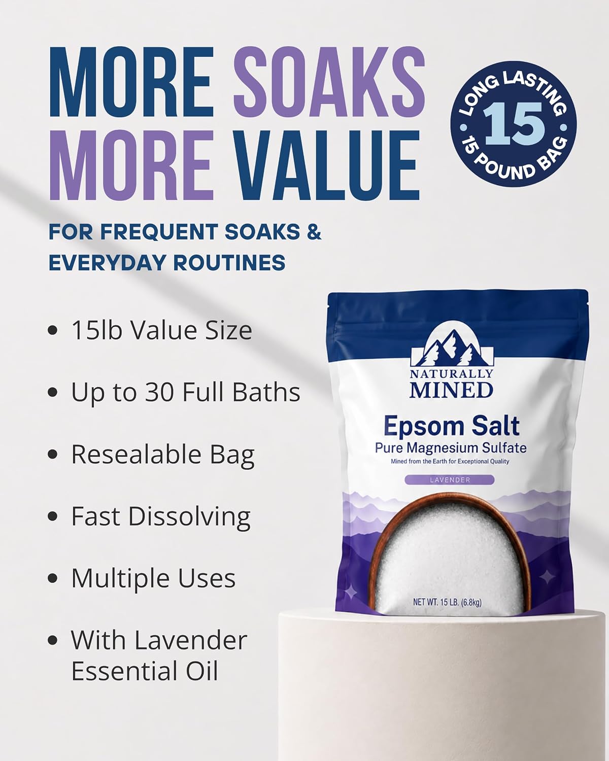 Naturally Mined Lavender Epsom Salt Bath Soak Pure Magnesium Sulfate, 15 lb
