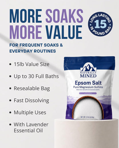 Naturally Mined Lavender Epsom Salt Bath Soak Pure Magnesium Sulfate, 15 lb