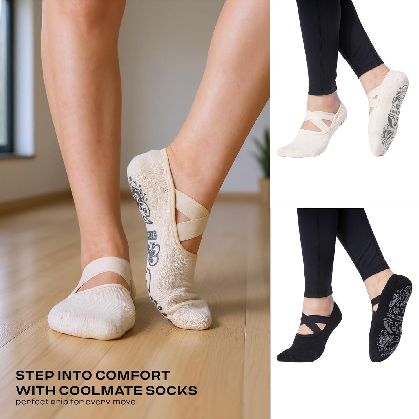 CoolMate Pilates Socks with Grips for Women, Non Slip Yoga Socks - Colors B