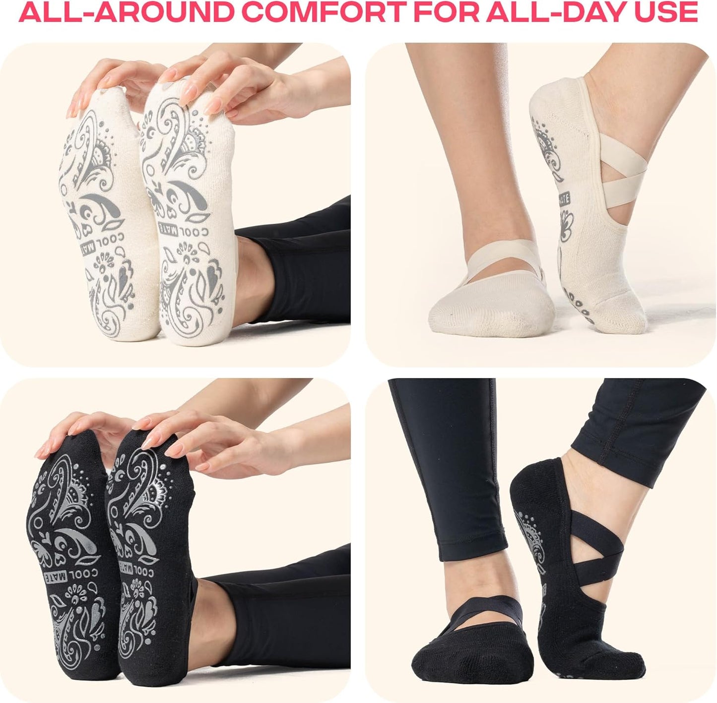 CoolMate Pilates Socks with Grips for Women, Non Slip Yoga Socks - Colors B