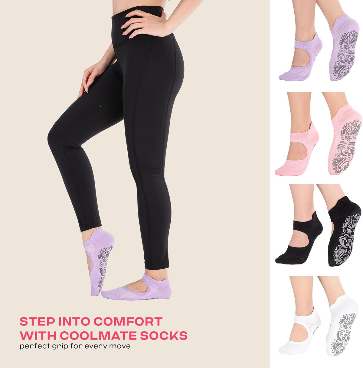 CoolMate Pilates Socks with Grips for Women, Non Slip Yoga Socks - Colors B
