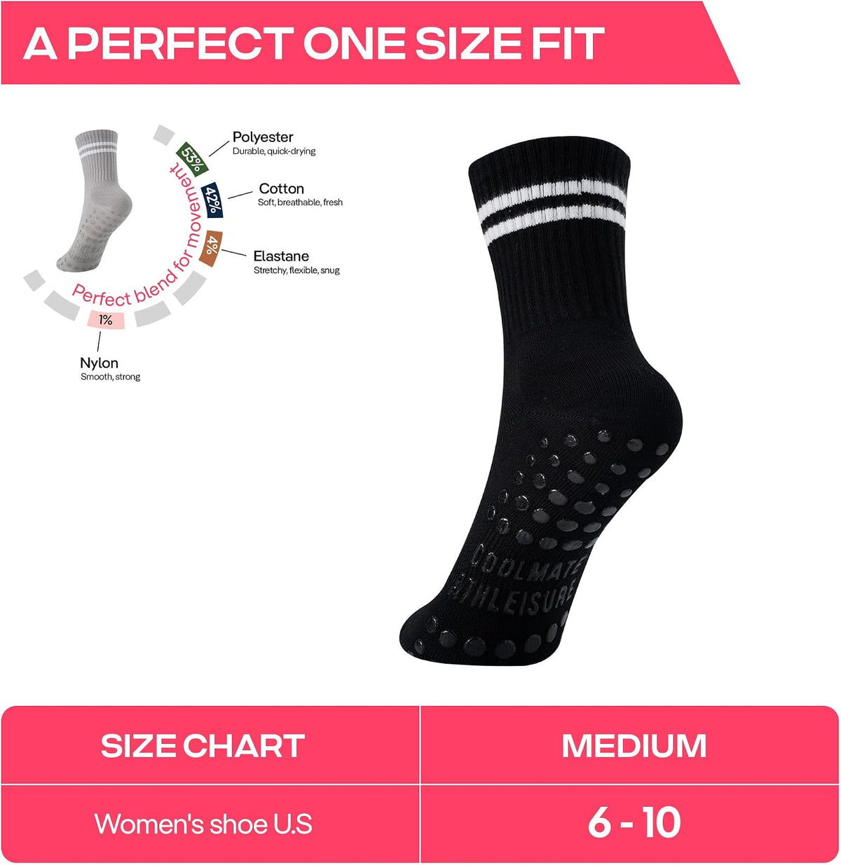 CoolMate Pilates Socks with Grips for Women, Non Slip Yoga Socks - Colors B