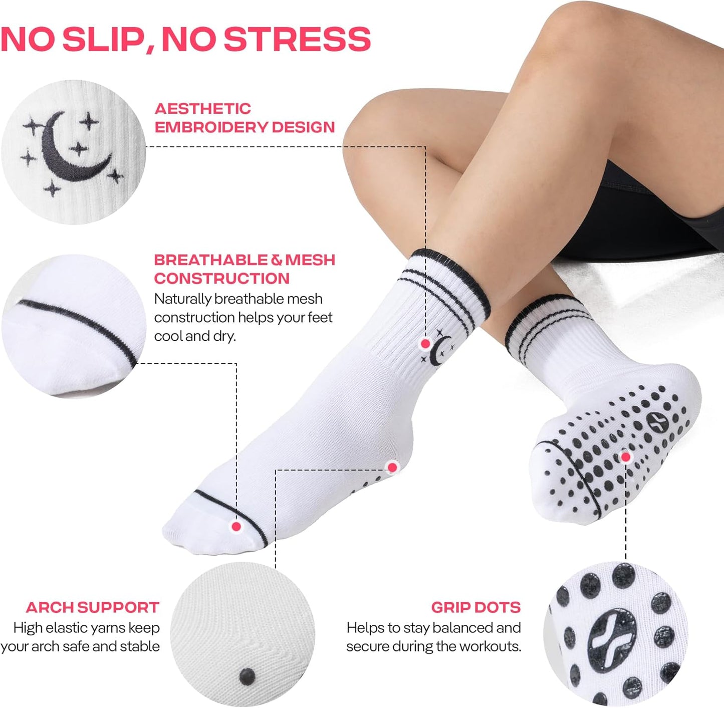 CoolMate Pilates Socks with Grips for Women, Non Slip Yoga Socks - Colors B