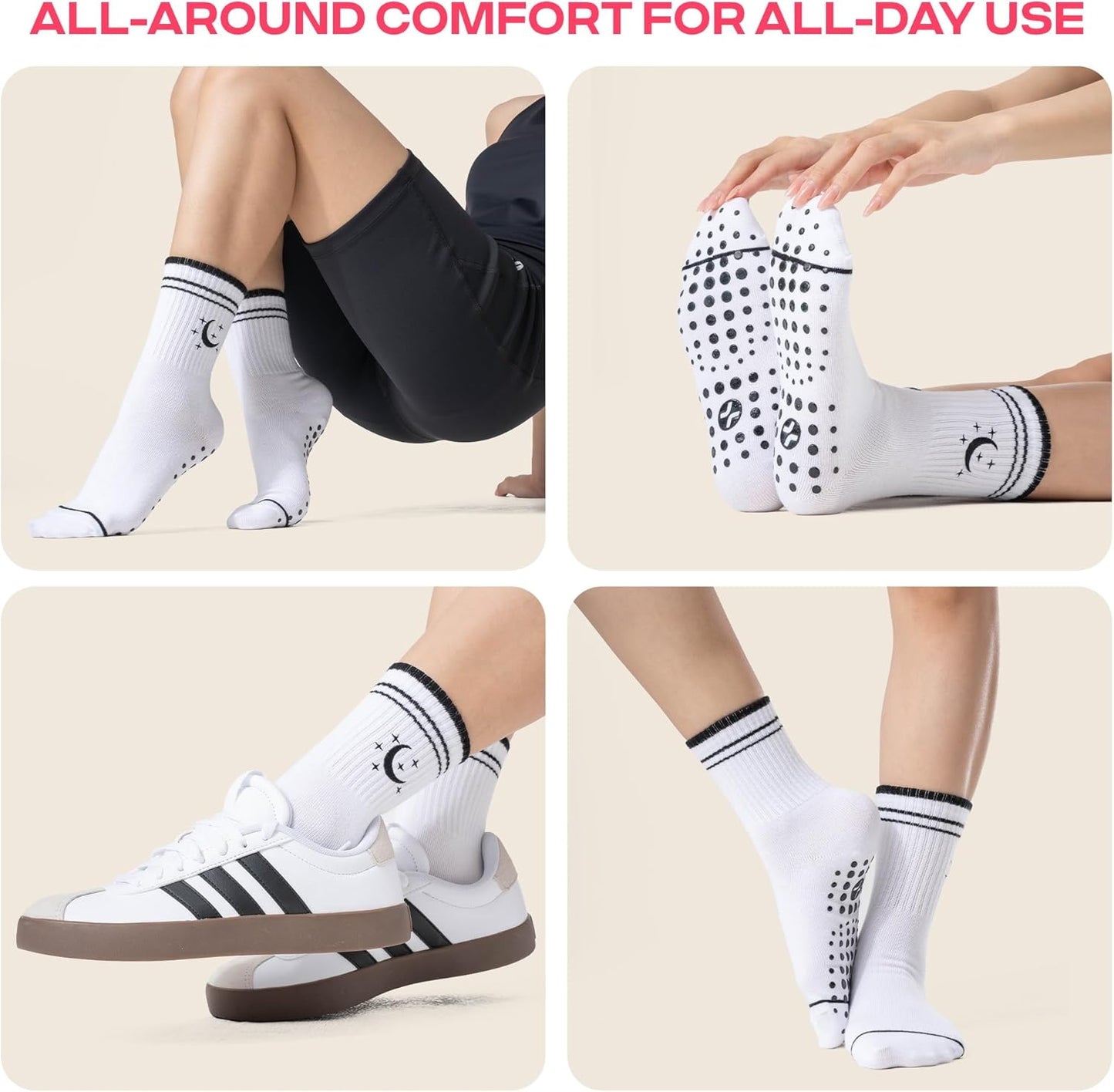 CoolMate Pilates Socks with Grips for Women, Non Slip Yoga Socks - Colors B