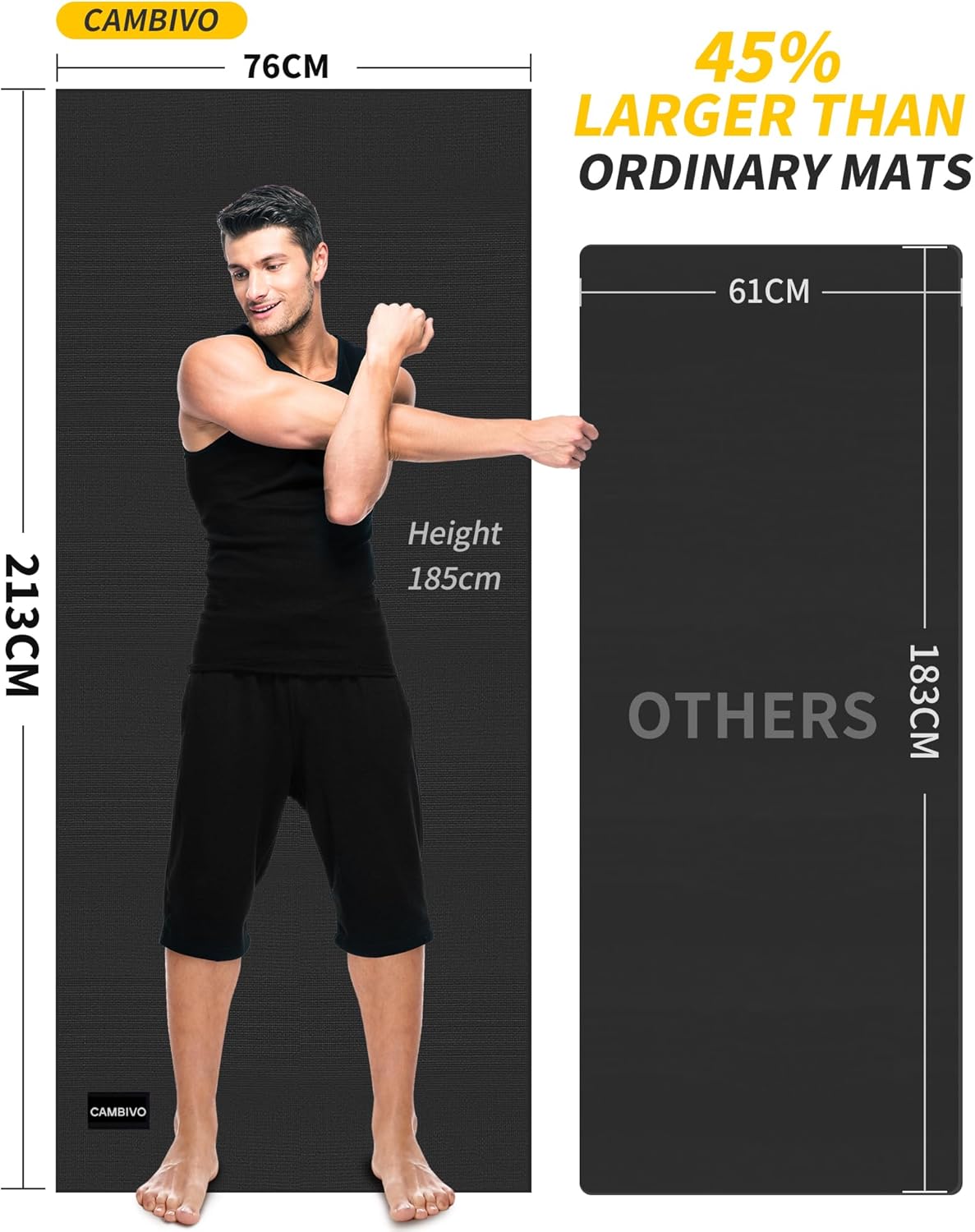 Extra Long Wide Yoga Mat, Thick PVC Workout Mat | For tall and plus-size, cushioned PVC with non-slip bottom, for home gym pilates barefoot and bodyweight training