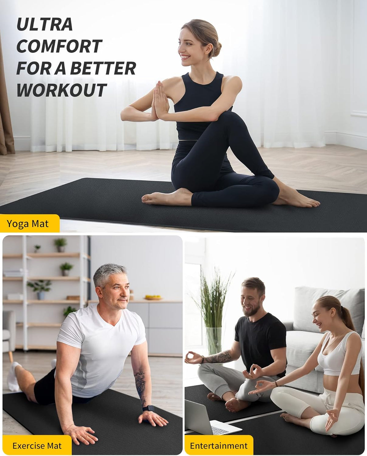 Extra Long Wide Yoga Mat, Thick PVC Workout Mat | For tall and plus-size, cushioned PVC with non-slip bottom, for home gym pilates barefoot and bodyweight training