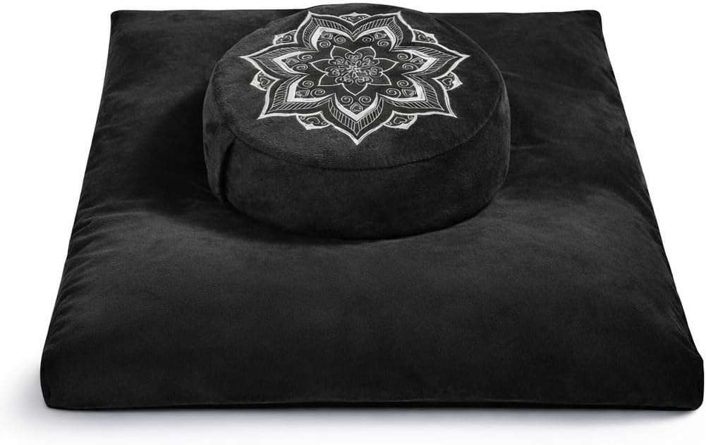 Meditation Cushion Set Zafu & Zabuton – Buckwheat Hull & Memory Foam, Adjustable Floor Pillow for Yoga, Meditation & Sitting, Removable Velvet Cover (Purple)