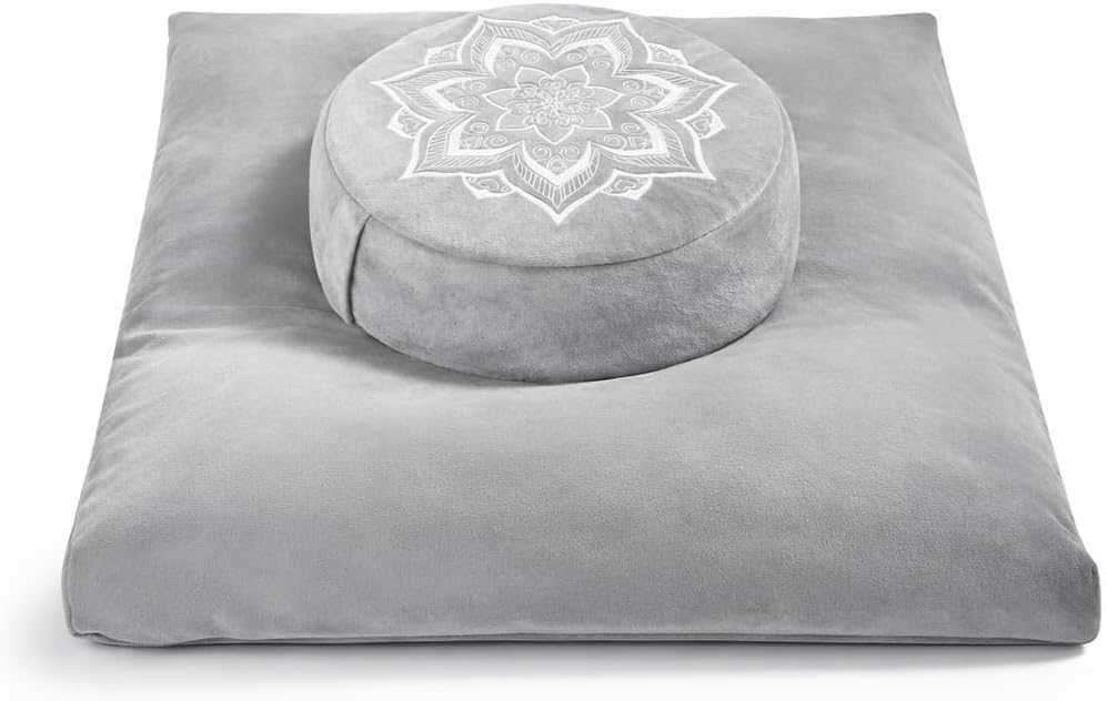 Meditation Cushion Set Zafu & Zabuton – Buckwheat Hull & Memory Foam, Adjustable Floor Pillow for Yoga, Meditation & Sitting, Removable Velvet Cover (Purple)