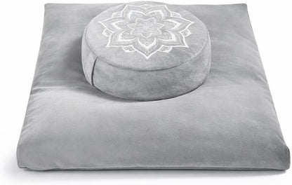 Meditation Cushion Set Zafu & Zabuton – Buckwheat Hull & Memory Foam, Adjustable Floor Pillow for Yoga, Meditation & Sitting, Removable Velvet Cover (Purple)