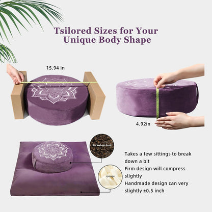 Meditation Cushion Set Zafu & Zabuton – Buckwheat Hull & Memory Foam, Adjustable Floor Pillow for Yoga, Meditation & Sitting, Removable Velvet Cover (Purple)
