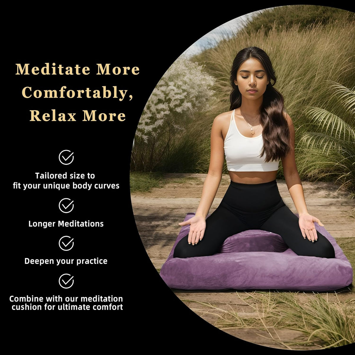 Meditation Cushion Set Zafu & Zabuton – Buckwheat Hull & Memory Foam, Adjustable Floor Pillow for Yoga, Meditation & Sitting, Removable Velvet Cover (Purple)