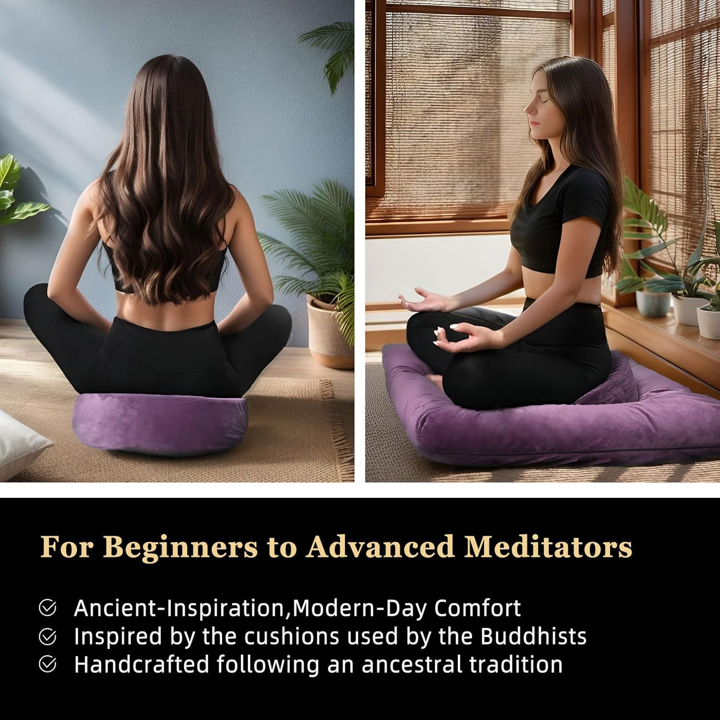 Meditation Cushion Set Zafu & Zabuton – Buckwheat Hull & Memory Foam, Adjustable Floor Pillow for Yoga, Meditation & Sitting, Removable Velvet Cover (Purple)