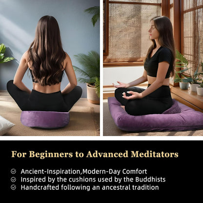 Meditation Cushion Set Zafu & Zabuton – Buckwheat Hull & Memory Foam, Adjustable Floor Pillow for Yoga, Meditation & Sitting, Removable Velvet Cover (Purple)
