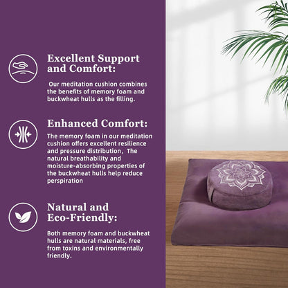 Meditation Cushion Set Zafu & Zabuton – Buckwheat Hull & Memory Foam, Adjustable Floor Pillow for Yoga, Meditation & Sitting, Removable Velvet Cover (Purple)