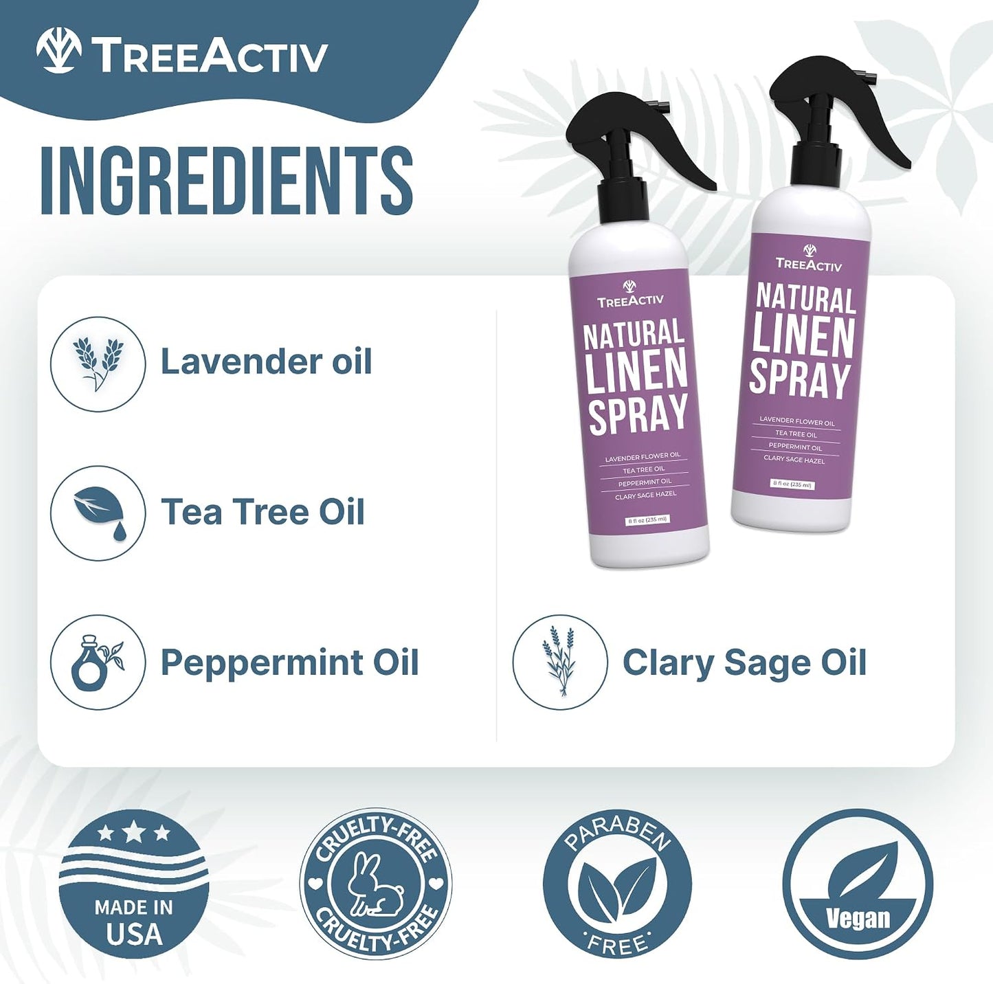 Natural Linen Spray, 8 fl oz, Lavender for Sleep, Beddings, Pillows, and Sheets With Tea Tree, Pillow Mist Freshener, 2000+ Sprays