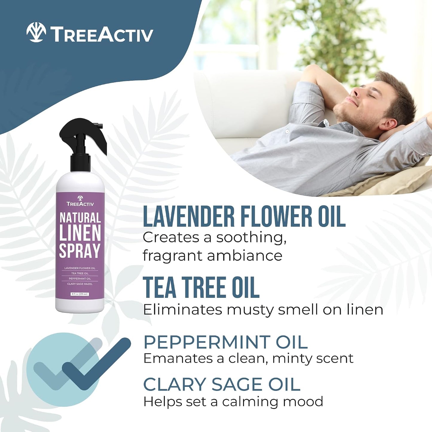 Natural Linen Spray, 8 fl oz, Lavender for Sleep, Beddings, Pillows, and Sheets With Tea Tree, Pillow Mist Freshener, 2000+ Sprays