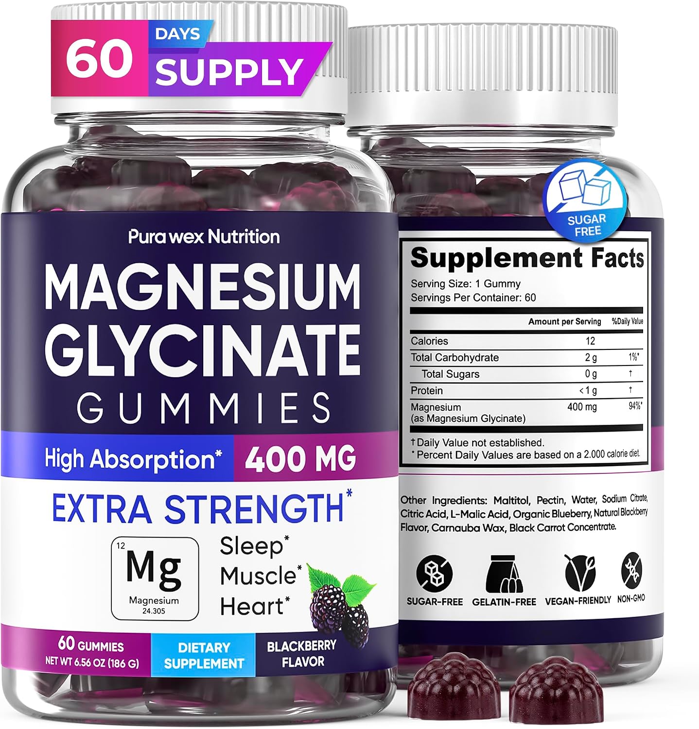 Magnesium Glycinate Gummies 400mg, High Absorption Magnesium Supplement for Women, Men and Kids, Muscle Support and Relaxation, Sugar Free, Vegan, 60 Days Supply