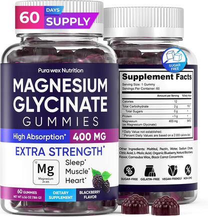 Magnesium Glycinate Gummies 400mg, High Absorption Magnesium Supplement for Women, Men and Kids, Muscle Support and Relaxation, Sugar Free, Vegan, 60 Days Supply