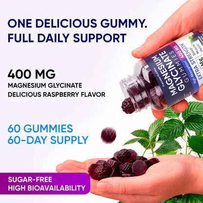 Magnesium Glycinate Gummies 400mg, High Absorption Magnesium Supplement for Women, Men and Kids, Muscle Support and Relaxation, Sugar Free, Vegan, 60 Days Supply