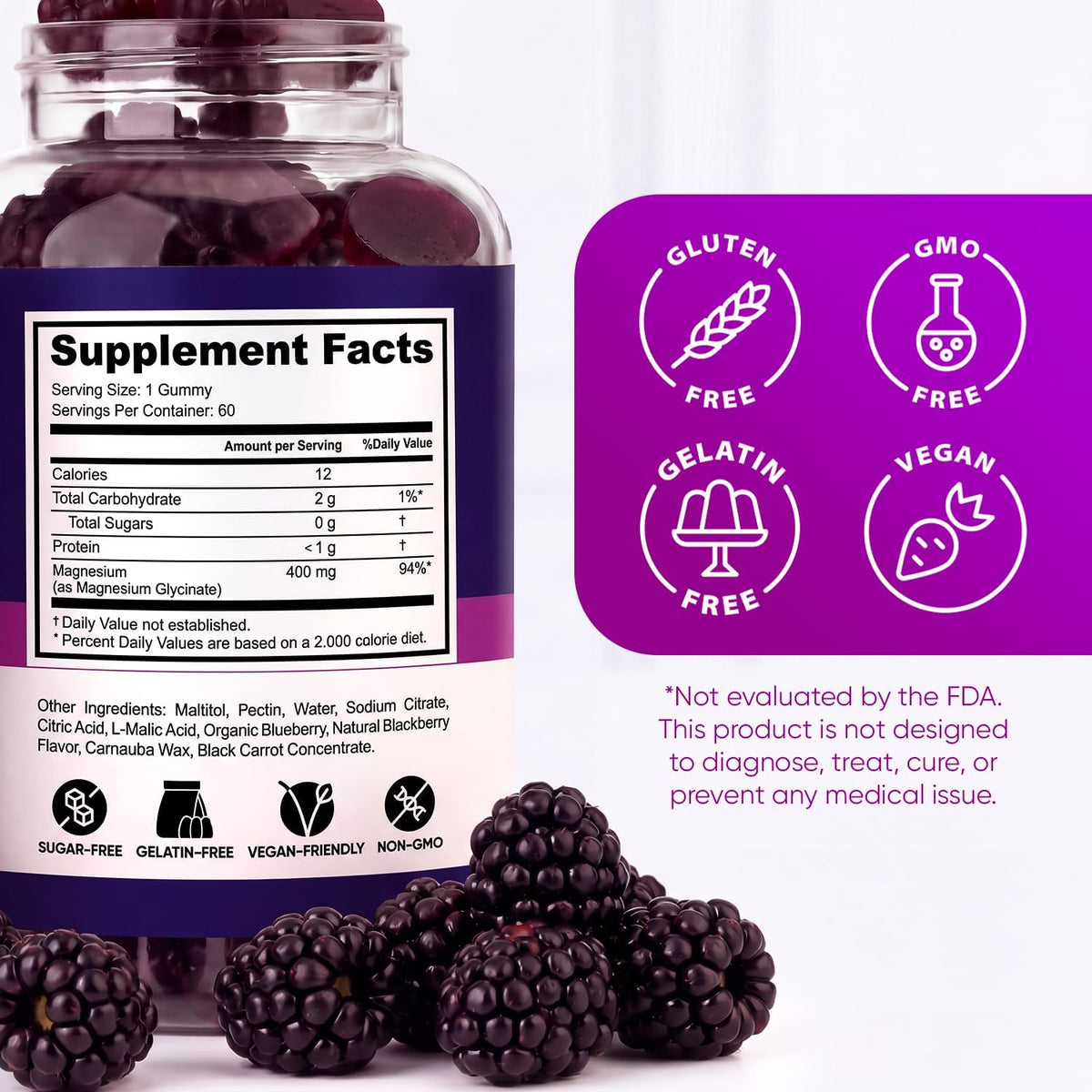 Magnesium Glycinate Gummies 400mg, High Absorption Magnesium Supplement for Women, Men and Kids, Muscle Support and Relaxation, Sugar Free, Vegan, 60 Days Supply
