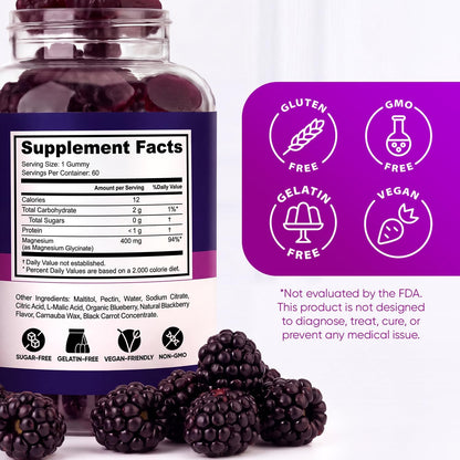 Magnesium Glycinate Gummies 400mg, High Absorption Magnesium Supplement for Women, Men and Kids, Muscle Support and Relaxation, Sugar Free, Vegan, 60 Days Supply