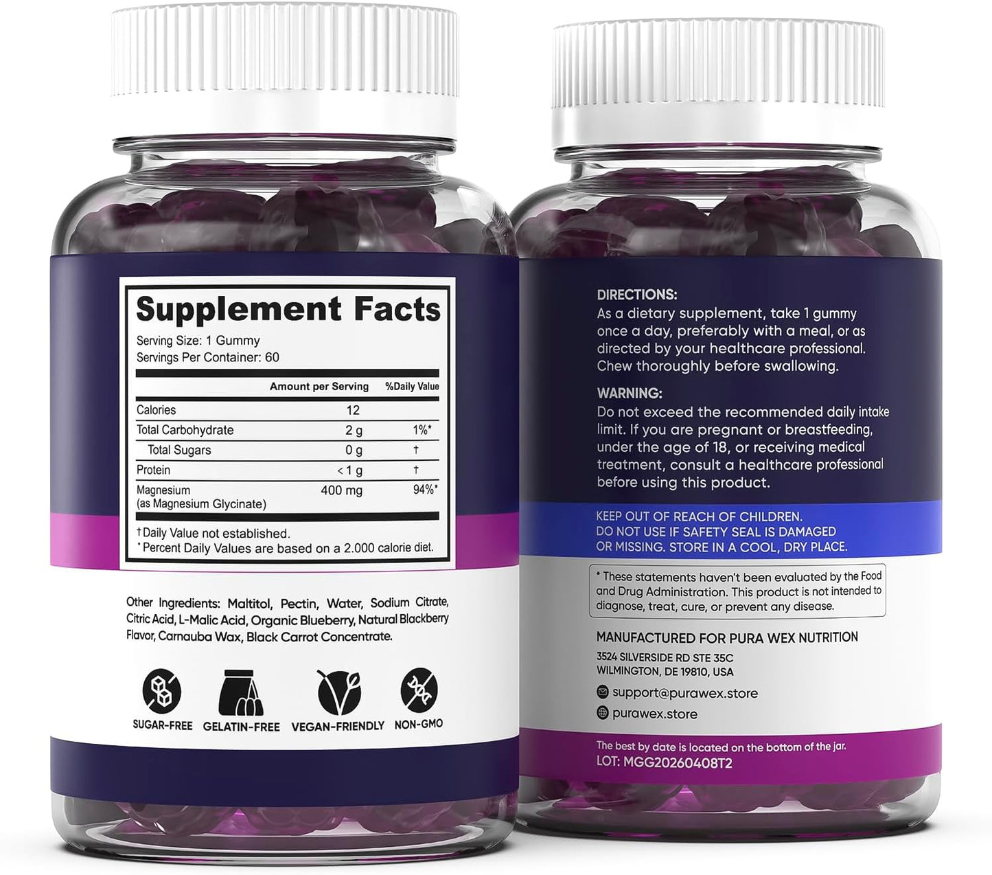 Magnesium Glycinate Gummies 400mg, High Absorption Magnesium Supplement for Women, Men and Kids, Muscle Support and Relaxation, Sugar Free, Vegan, 60 Days Supply