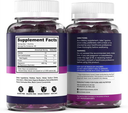 Magnesium Glycinate Gummies 400mg, High Absorption Magnesium Supplement for Women, Men and Kids, Muscle Support and Relaxation, Sugar Free, Vegan, 60 Days Supply