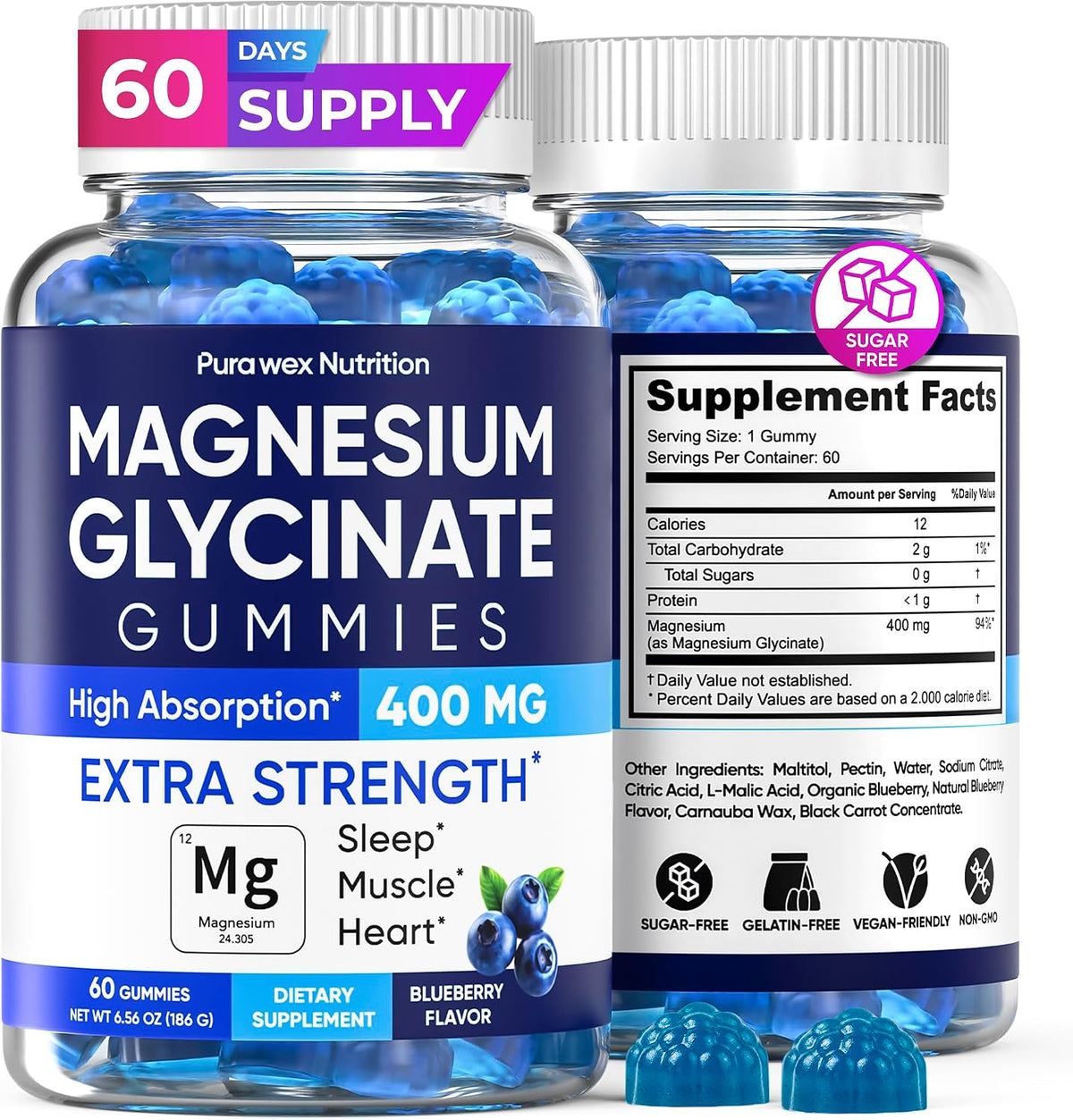Magnesium Glycinate Gummies 400mg, High Absorption Magnesium Supplement for Women, Men and Kids, Muscle Support and Relaxation, Sugar Free, Vegan, 60 Days Supply