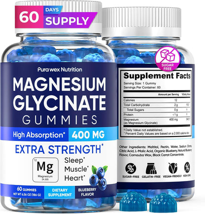 Magnesium Glycinate Gummies 400mg, High Absorption Magnesium Supplement for Women, Men and Kids, Muscle Support and Relaxation, Sugar Free, Vegan, 60 Days Supply