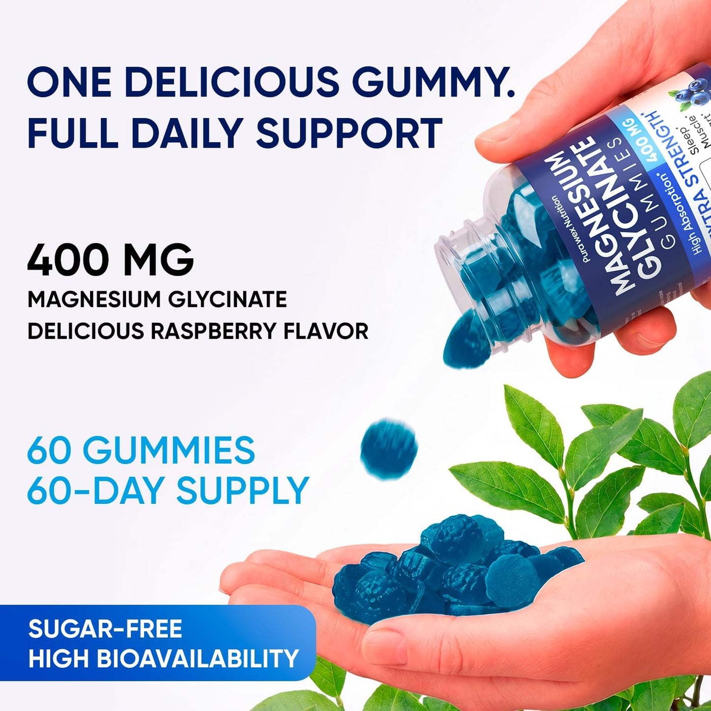 Magnesium Glycinate Gummies 400mg, High Absorption Magnesium Supplement for Women, Men and Kids, Muscle Support and Relaxation, Sugar Free, Vegan, 60 Days Supply