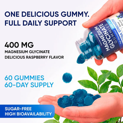 Magnesium Glycinate Gummies 400mg, High Absorption Magnesium Supplement for Women, Men and Kids, Muscle Support and Relaxation, Sugar Free, Vegan, 60 Days Supply