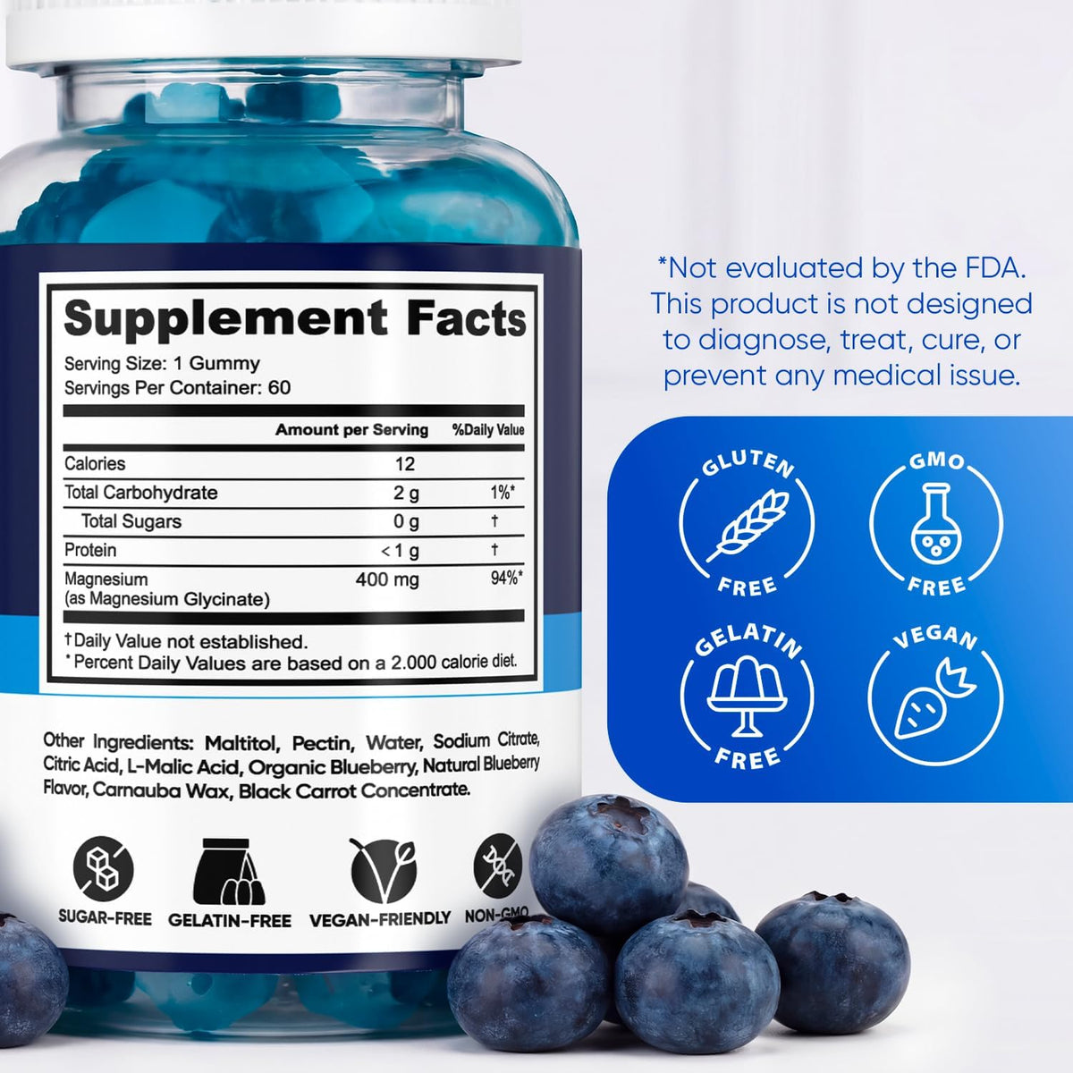 Magnesium Glycinate Gummies 400mg, High Absorption Magnesium Supplement for Women, Men and Kids, Muscle Support and Relaxation, Sugar Free, Vegan, 60 Days Supply