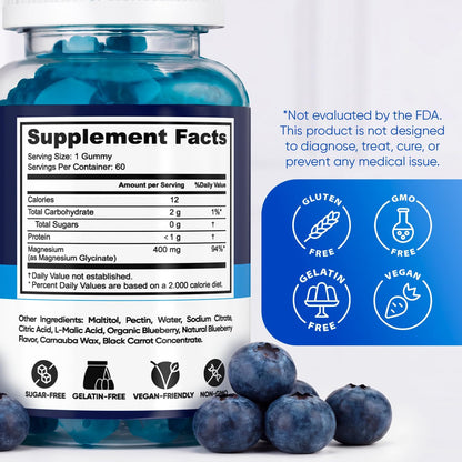 Magnesium Glycinate Gummies 400mg, High Absorption Magnesium Supplement for Women, Men and Kids, Muscle Support and Relaxation, Sugar Free, Vegan, 60 Days Supply