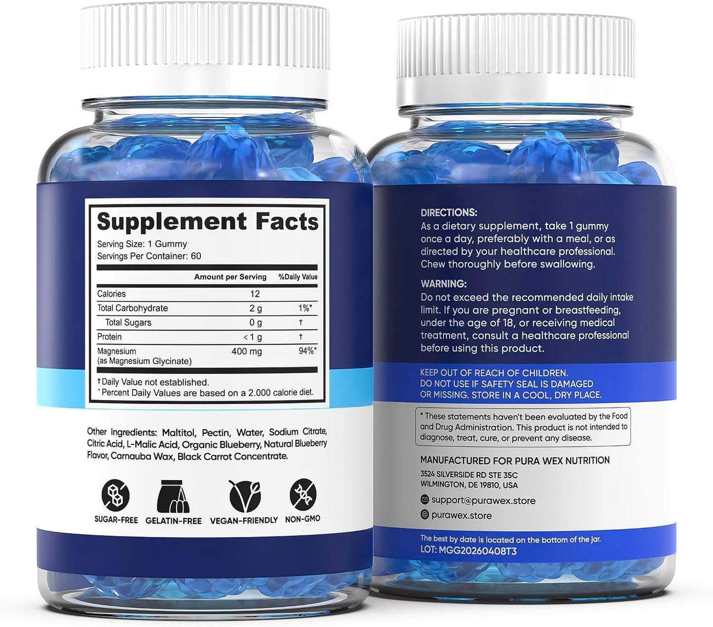 Magnesium Glycinate Gummies 400mg, High Absorption Magnesium Supplement for Women, Men and Kids, Muscle Support and Relaxation, Sugar Free, Vegan, 60 Days Supply