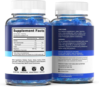 Magnesium Glycinate Gummies 400mg, High Absorption Magnesium Supplement for Women, Men and Kids, Muscle Support and Relaxation, Sugar Free, Vegan, 60 Days Supply