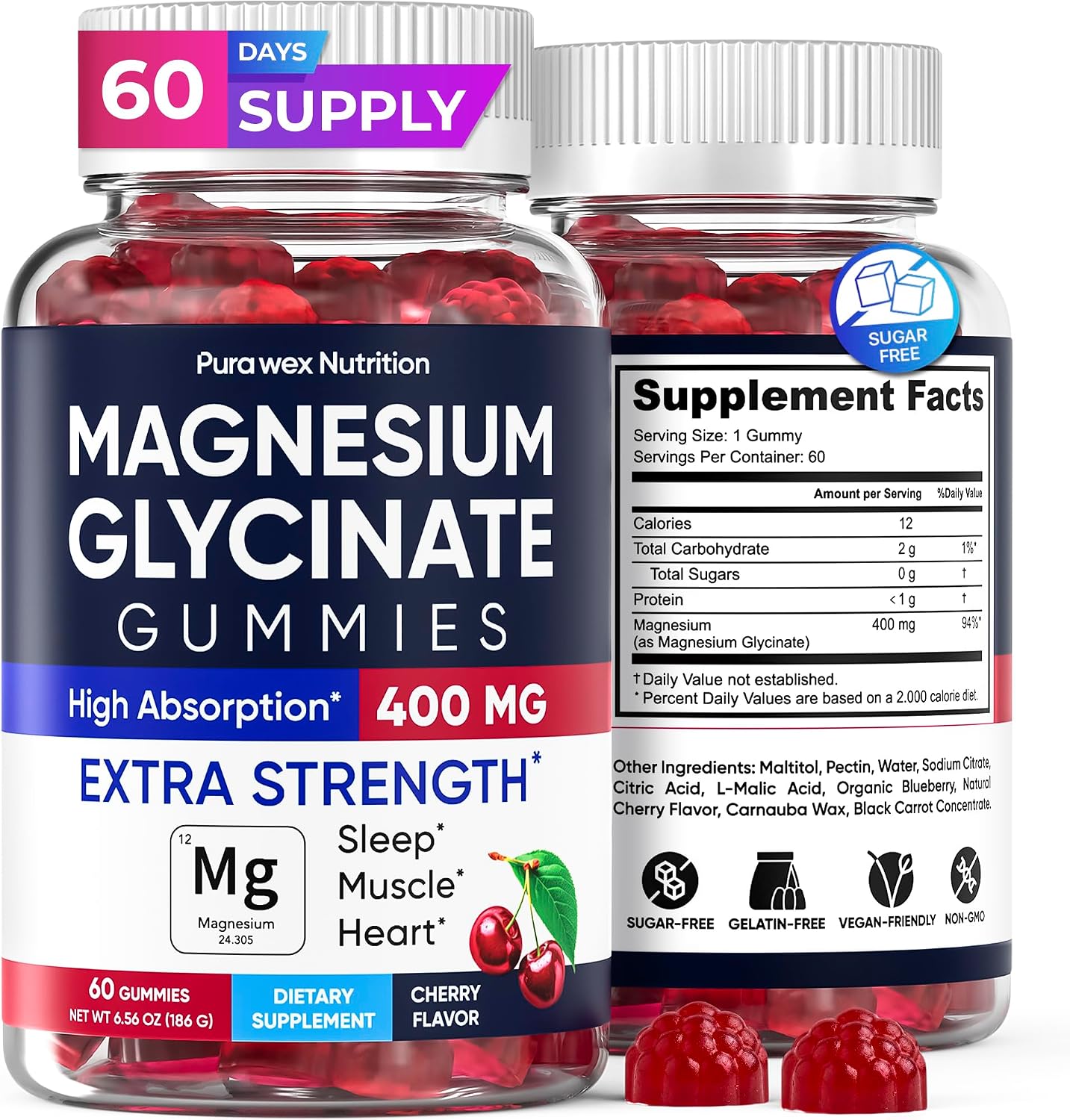 Magnesium Glycinate Gummies 400mg, High Absorption Magnesium Supplement for Women, Men and Kids, Muscle Support and Relaxation, Sugar Free, Vegan, 60 Days Supply